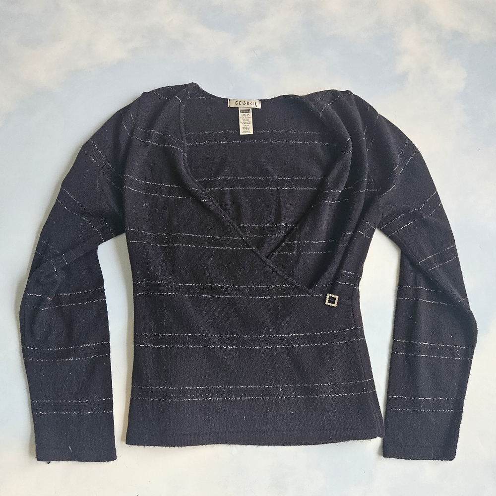 Black Sparkle Pinstripe Buckle Wrap Top Surplace Black Blouse
